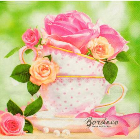 Serwetka decoupage seria MAKI róże w filiżance 33x33cm